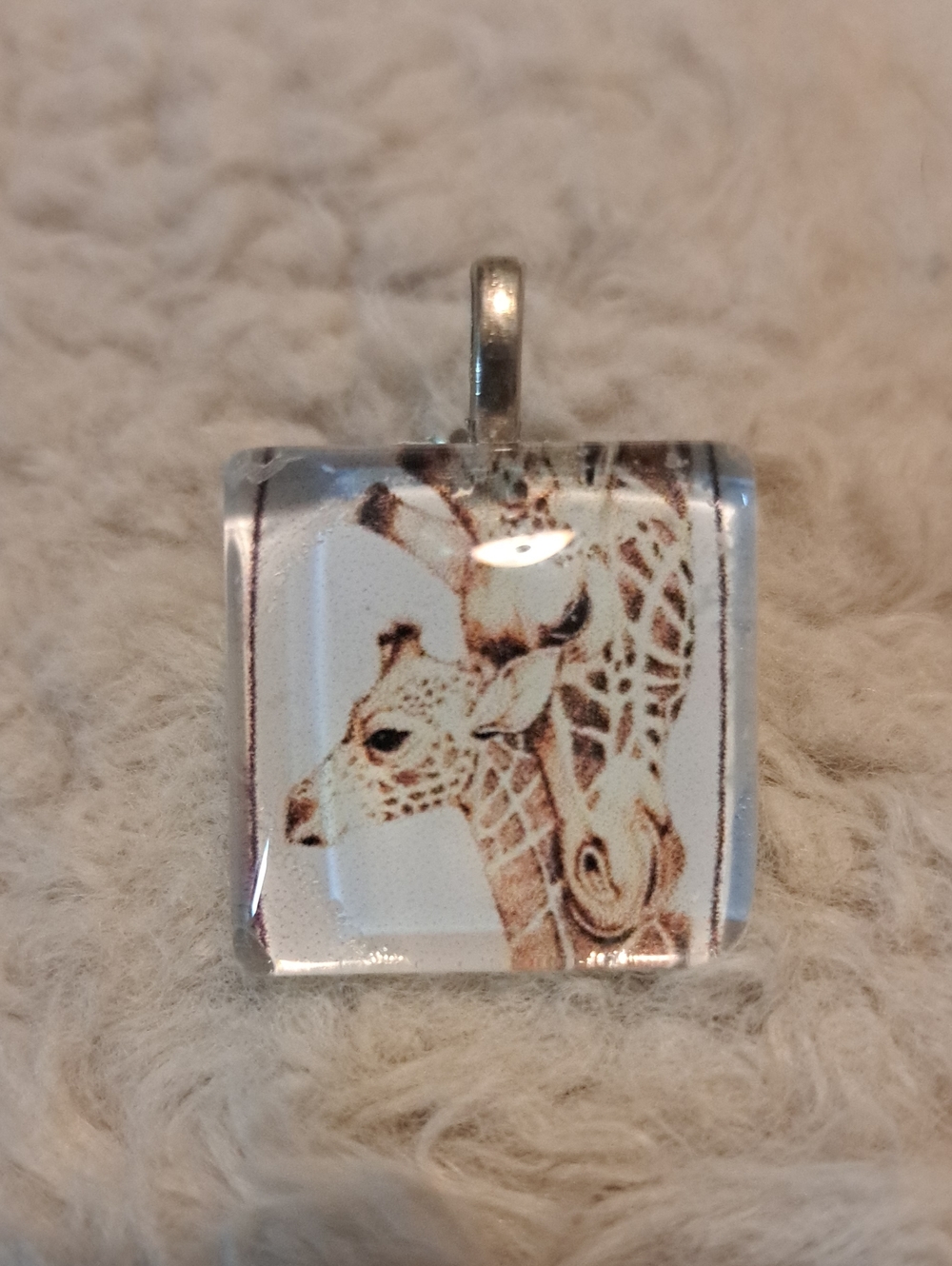 Hand Crafted Giraffe Glass Tile  Pendant Necklace in Brown and Cream